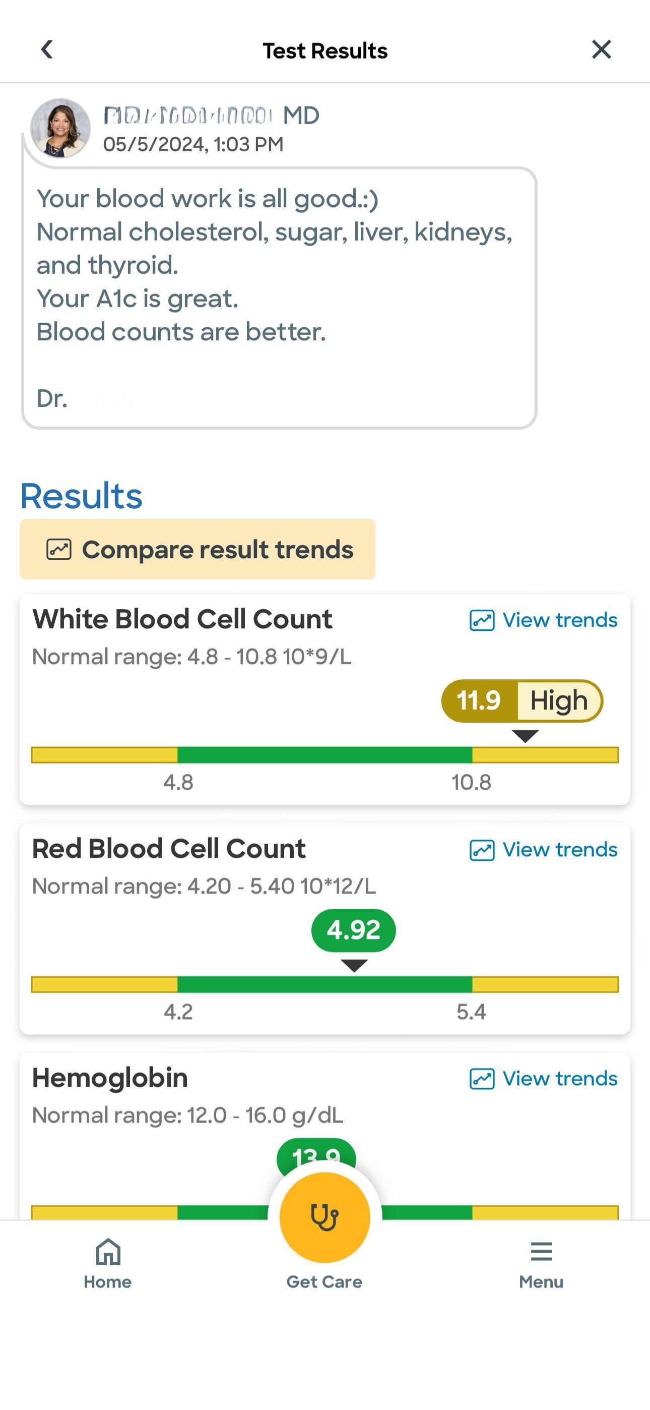 Lab result May 5 2024 showing WBC of 11.9 near normal with doctor note saying blood work is all good